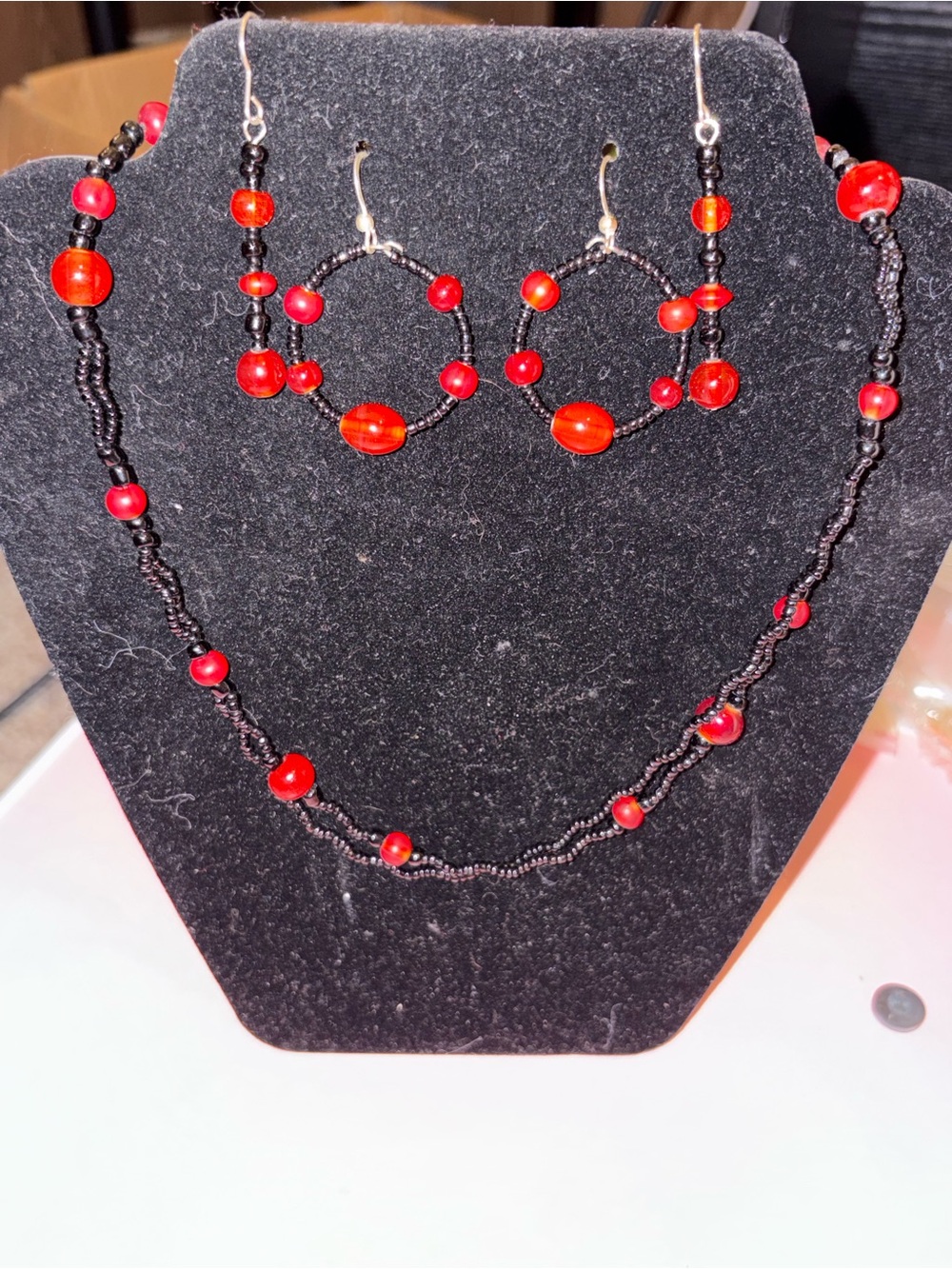 Red and Black Beaded Necklace with Matching Hoop Earrings